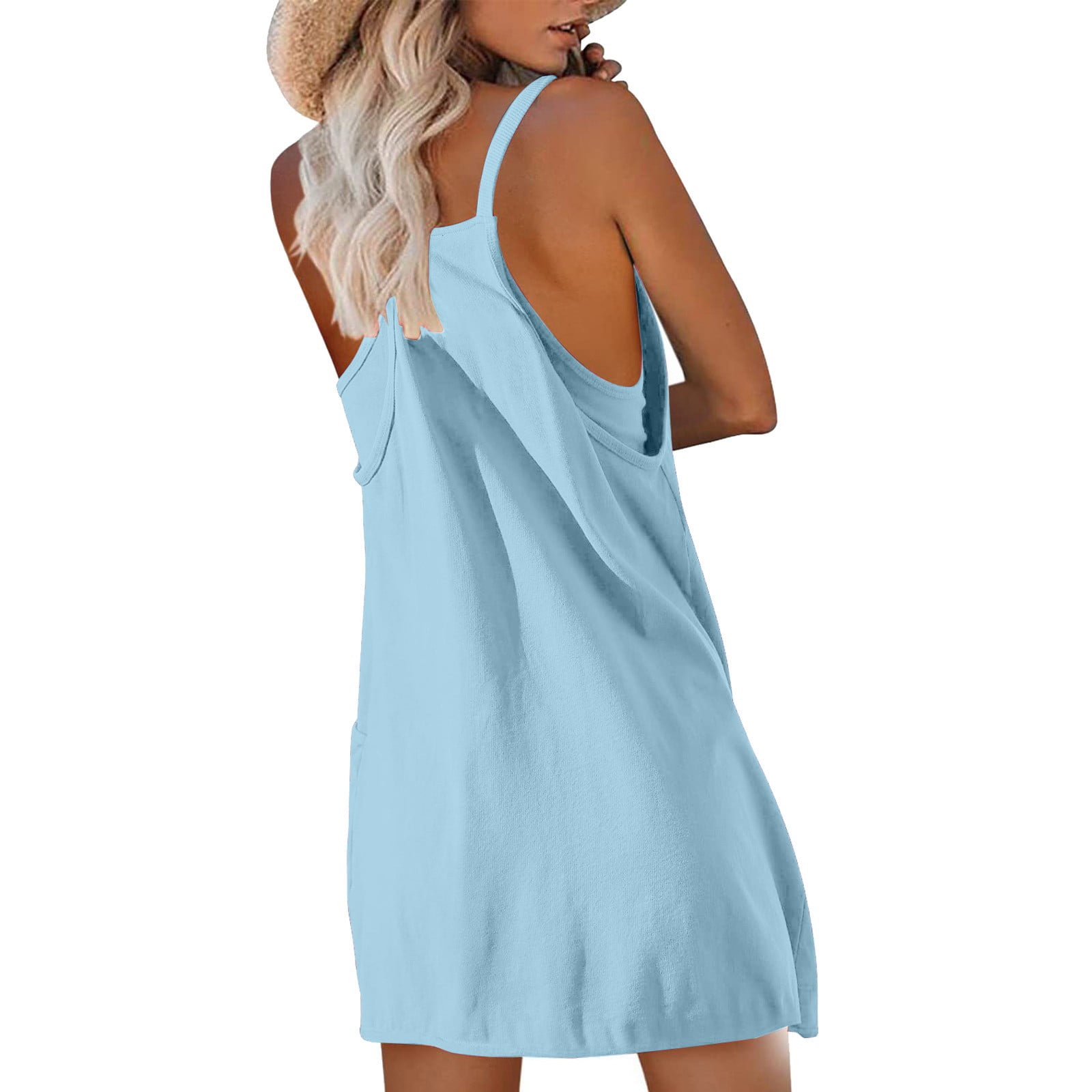 Hueook Summer Cami Strap Rompers for Women One Piece Jumpsuits Loose Fit Bodysuit Shorts Women's Summer Comfortable Casual Suspender Shorts Pocket Jumpsuit Shorts Blue M