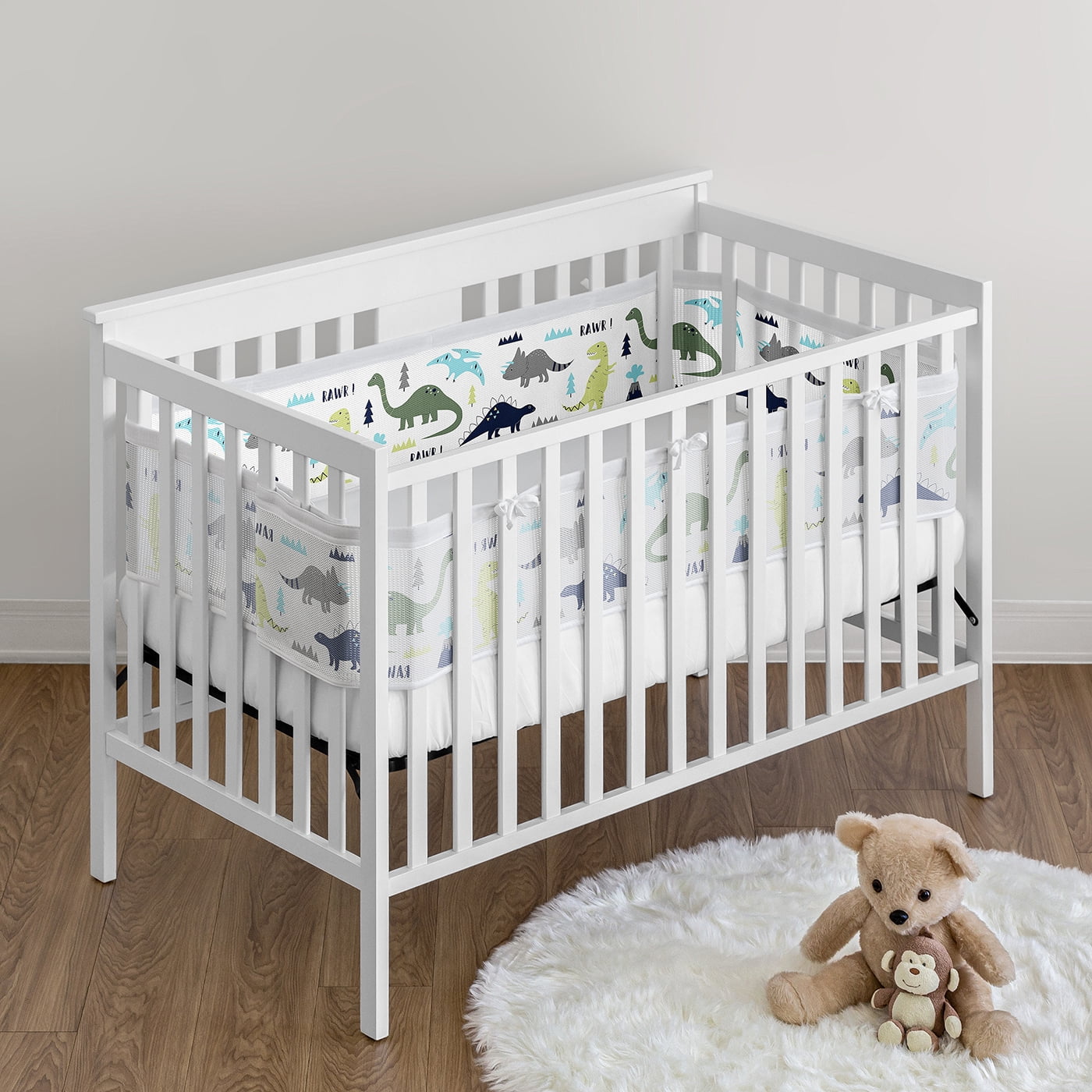 Sweet Jojo Designs + BreathableBaby Mod Dinosaur Blue Green White Breathable Mesh Crib Liner Pad