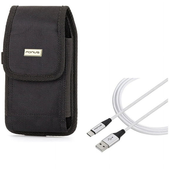 Rugged Durable Canvas Case Holster Metal Belt Clip w Braided Type-C USB Cable 10ft Long Sync Wire V1P for Acer Liquid Jade Primo - Alcatel 7, Idol 4S - ASUS ROG Phone, ZenFone AR 6 5z 4 Pro