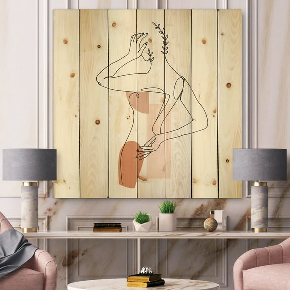 Designart 'One Line Woman Portrait With Shapes and Leaves II' Modern Print on Natural Pine Wood