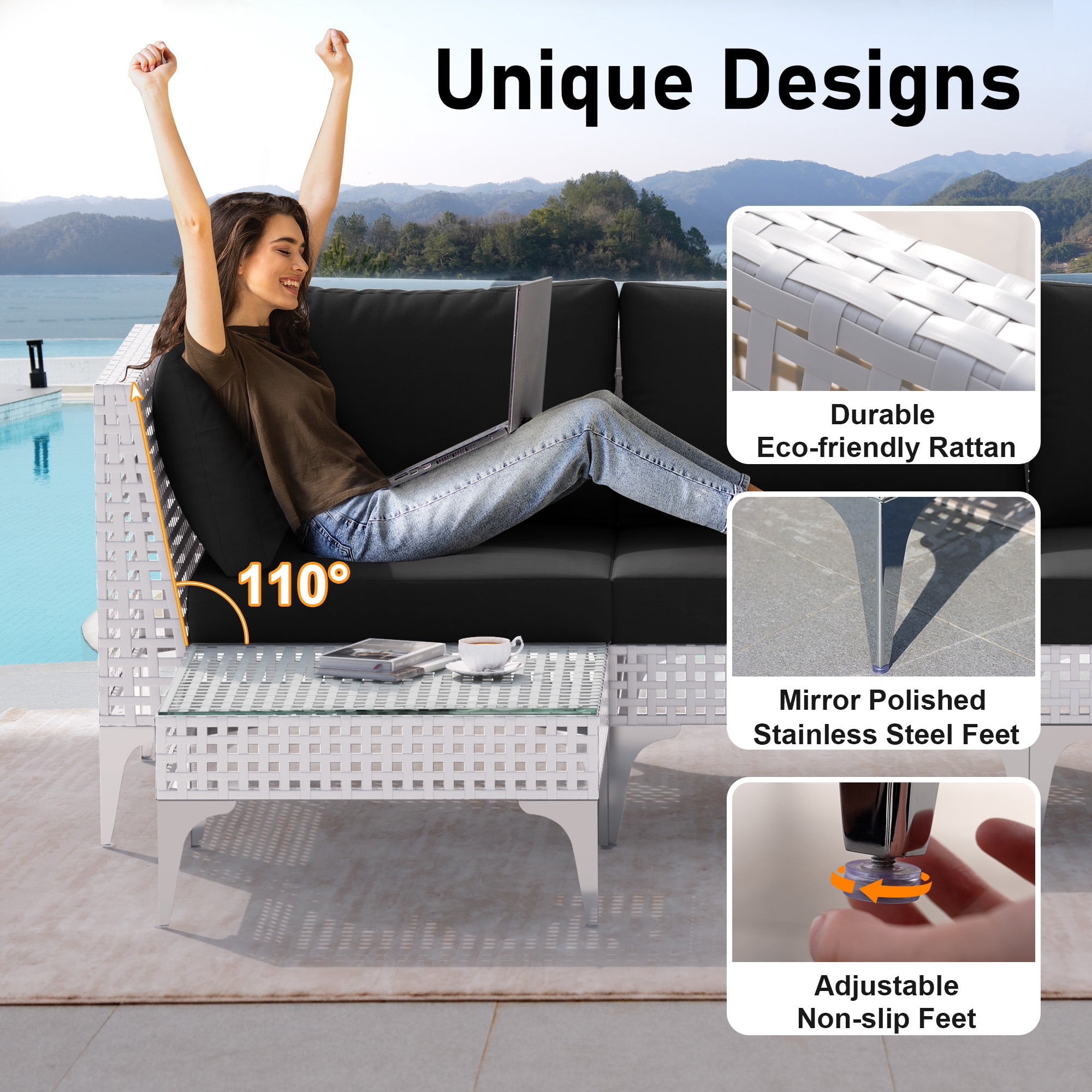 RADIATA 6Pcs Patio Boho Furniture Sofa Sets with Black Cushions , All-Weather White PE Wicker Outdoor Conversation Sets for Backyard, Deck, Poolside, Porch ,  Patio Sofa Sectional