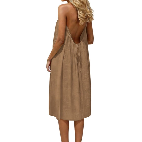 Agkizg Halter Neck Open Back Midi Dress Loose Fitting Casual Solid Color Flowy Sundress (Women's or Women's Plus),Sizes M