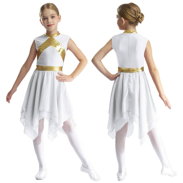 MSemis Robe de Danse de Louange Sans Manches pour Filles Enfants, Robe de Culte Liturgique, Costume, Robe d'Église, Robe Longue 6-16 Ans Blanc 14