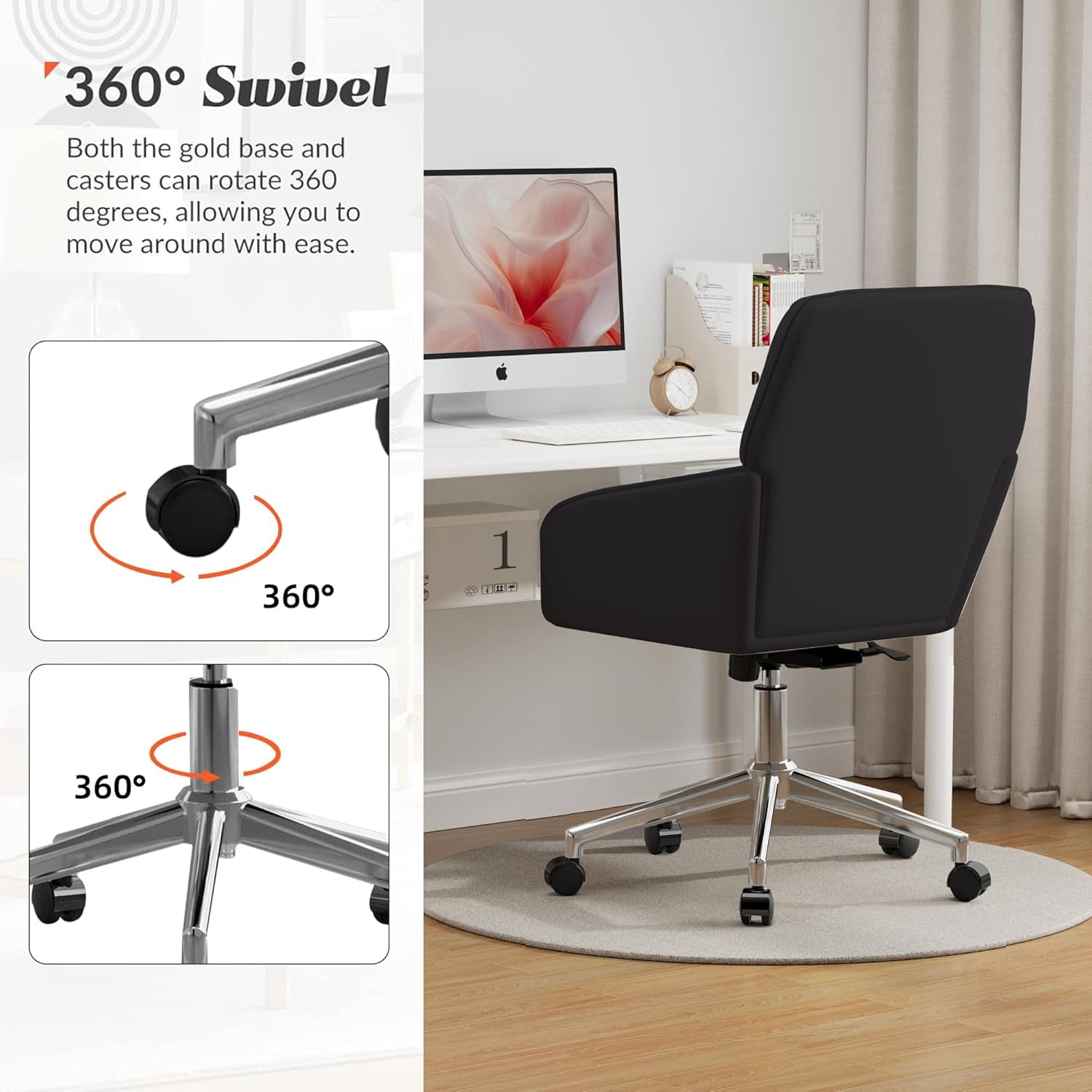 YWEN Velvet Office Desk Chair with Silver Base, with Wheels,Modern Height Adjustable 360 Degree Swivel Upholstered Vanity Chairs with Arms for Living Room Bedroom,Black