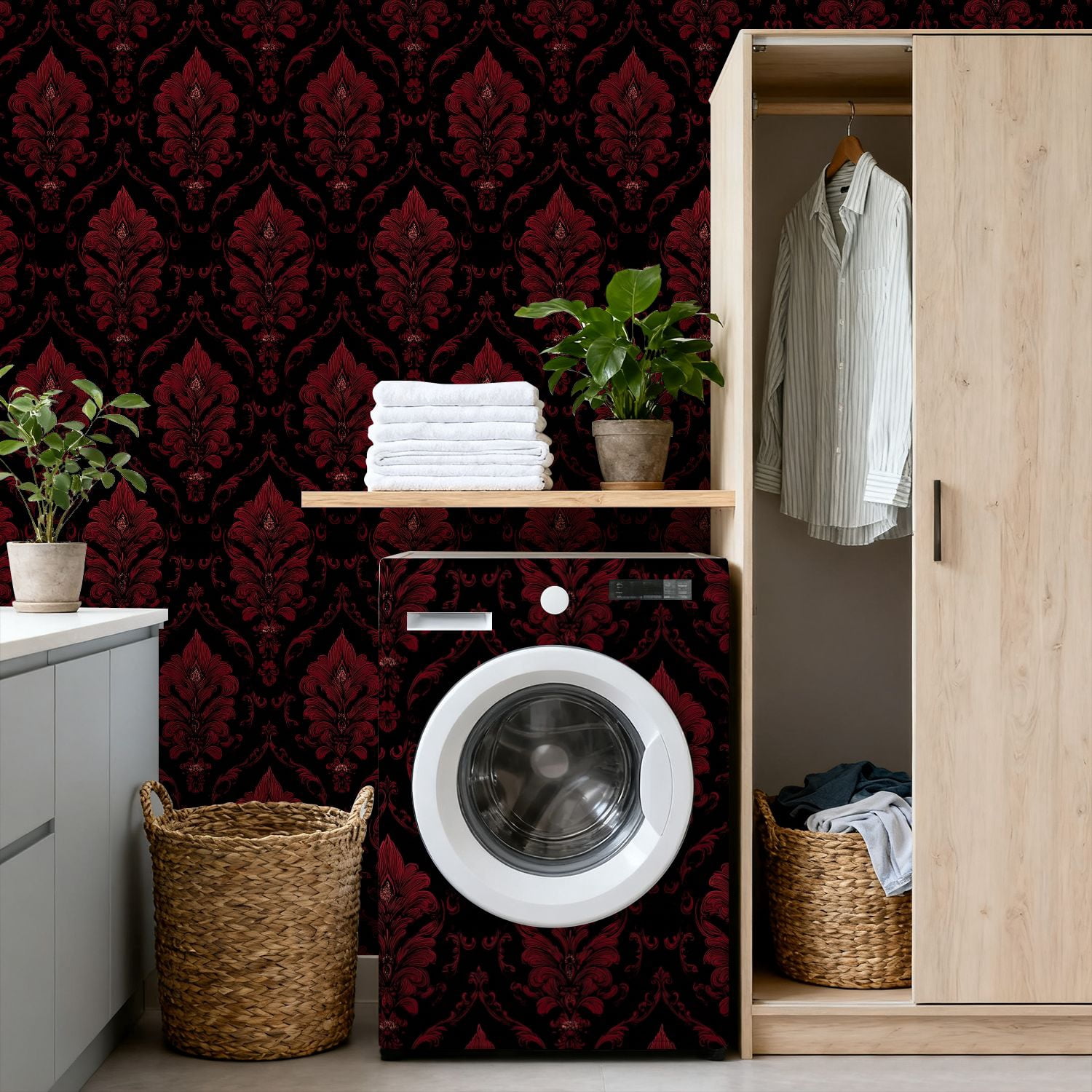 Peel and Stick Wallpaper Red Damask Floral Black Ornate Baroque Motifs Wall Mural 17.7in x 9.8ft Self Adhesive Removable Wall Paper Renter Friendly Wallpaper for Nursery Bedroom Cabinets