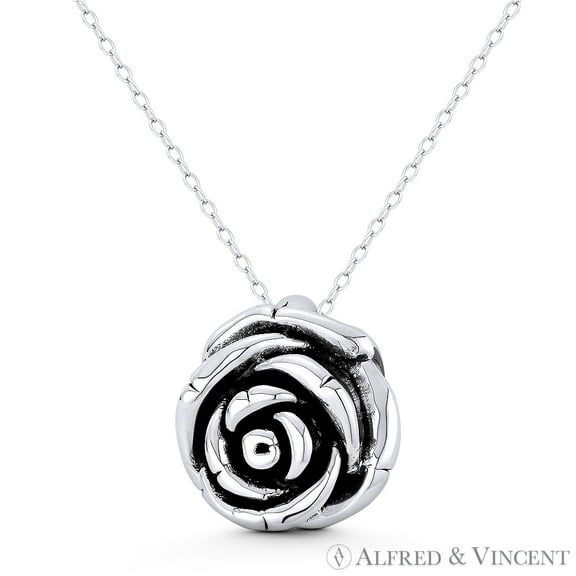 Rose Flower Charm 3D 18x20mm (0.7x0.8in) Pendant & Chain Necklace in Oxidized .925 Sterling Silver