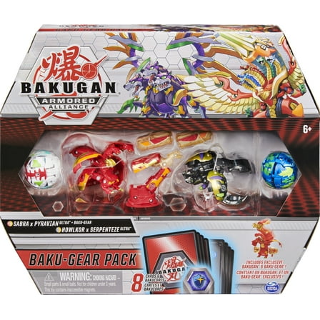 Bakugan Baku-Gear 4-Pack, Fused Sabra x Pyravian Ultra with Baku-Gear and Howlkor x Serpenteze Ultra Collectible Action Figures