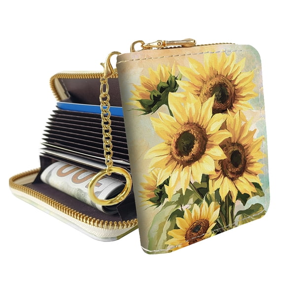 Sunflower PatternCredit Card Holder - RFID Wallet with Keychain Zipper PU Leather Small Card Case Wallet Accordion Gift with 12 Card Slots DIY