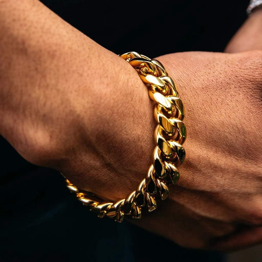 Mens Heavy Miami Cuban Link Chain Choker 14k Gold Plated Hip Hop Thick Stainless Steel 8mm/10mm/12mm/14mm/16mm Necklace/Bracelet