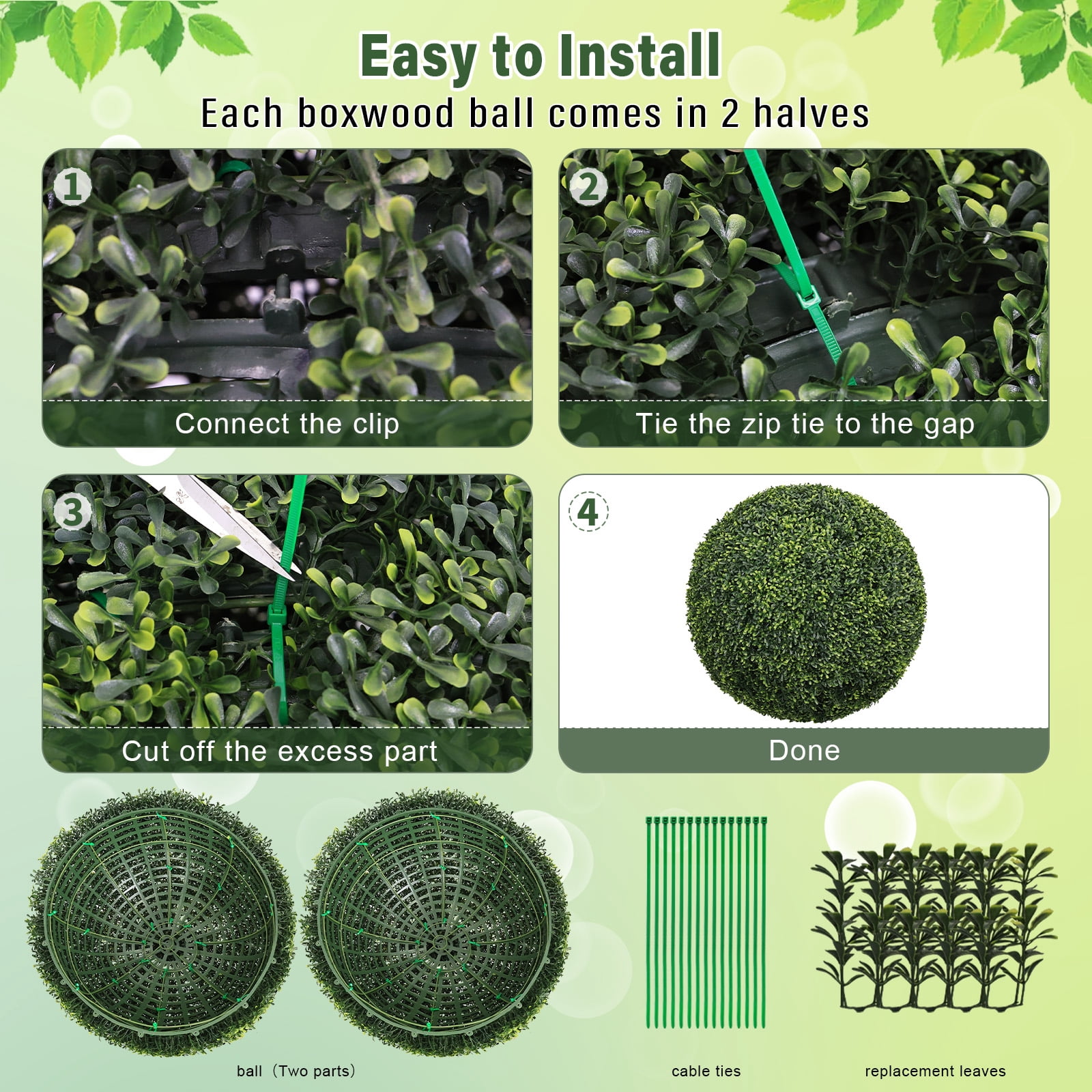 Artificial Topiary Balls, Faux Boxwood Large Green Decorative Spheres for Garden Front Porch Outdoor Landscape, Green