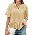 thumbnail image 2 of Women Tshirts Trendy Sawvnm Women V-Neck Sleeve Button-Front Ruffled Hem Solid Loose Casual Blouse Tank Tops for Women Yellow XL, 2 of 6