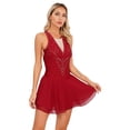 thumbnail image 4 of iEFiEL Womens Rhinestone Figure Skating Dress Chiffon Illusion Deep V-neck Ballet Lyrical Leotard Dance Dress Burgundy S, 4 of 7