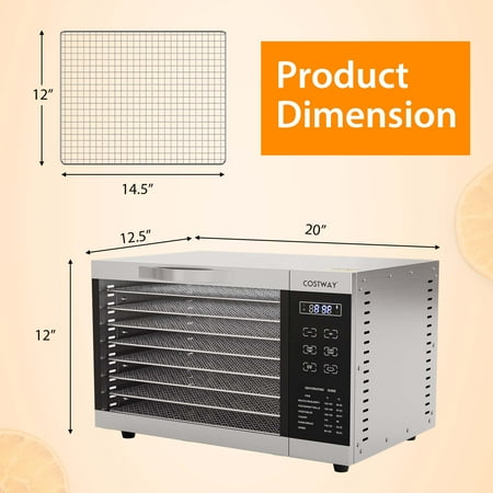Costway - Food Dehydrator Dryer Machine 85°F-160°F with 8 Detachable Mesh Trays & Timer - Silver