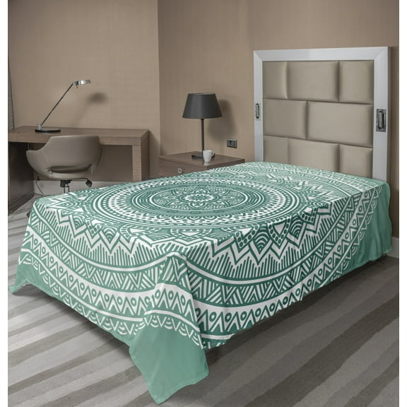 Teal Ombre Flat Sheet, Mandala Pattern Boho Style Floral Dots and Stripes with Petals Print, Soft Comfortable Top Sheet Decorative Bedding 1 Piece, 6 Sizes, Teal and White, by Ambesonne