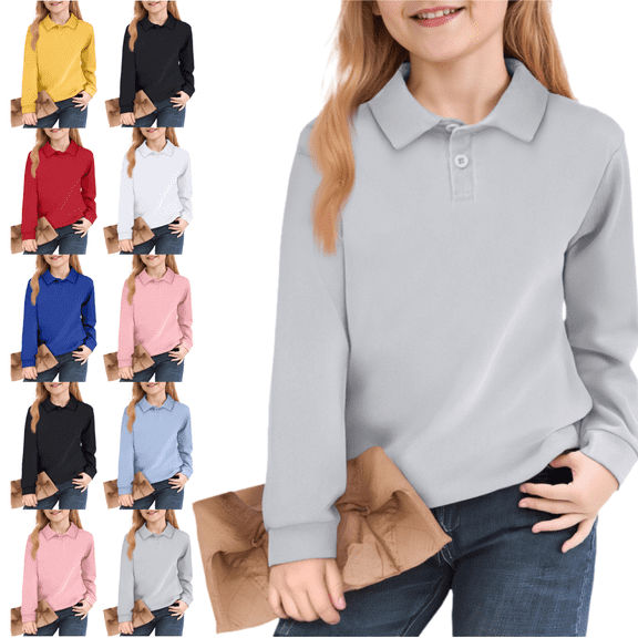 longantii Summer Spring Polo Shirts Comfy Collared Long Sleeve Uniform Classic Fit Back To School T-Shirts Solid Color Pullover for Boys & Girls Gray 7-8 Year
