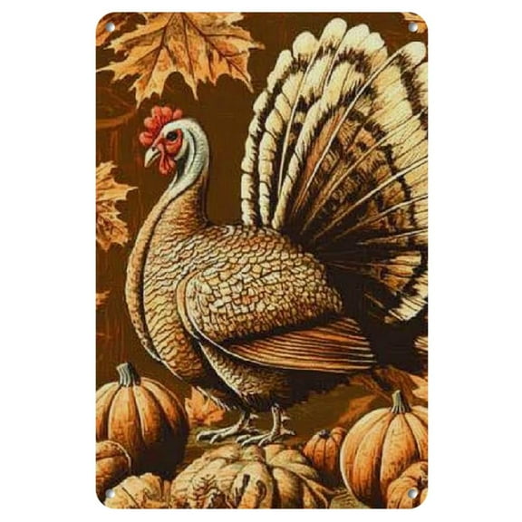 Room Decor One Piece Vintage-style Metal Iron Decorative Sign - a Thanksgiving Turkey with a Pumpkin and Corn (8x12 20cm11.81inch) - Perfect for Room Decor