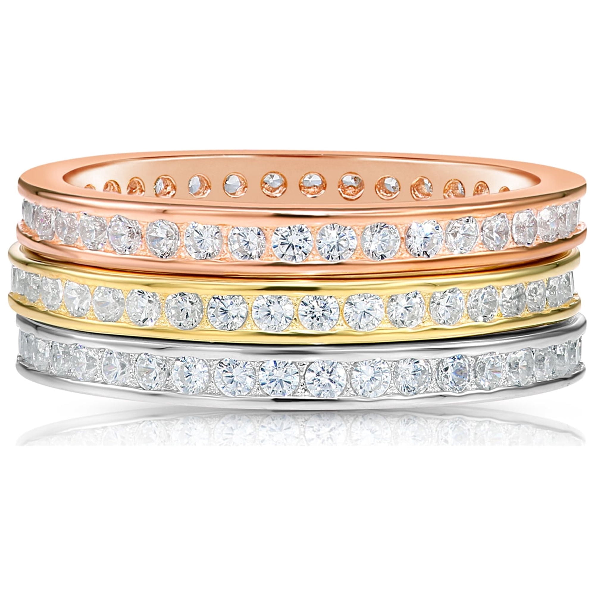 Tilo Jewelry .925 Sterling Silver Set of 3 Tri-Color Rings with Cubic Zirconia CZ Stones | Size 7 | Women & Unisex