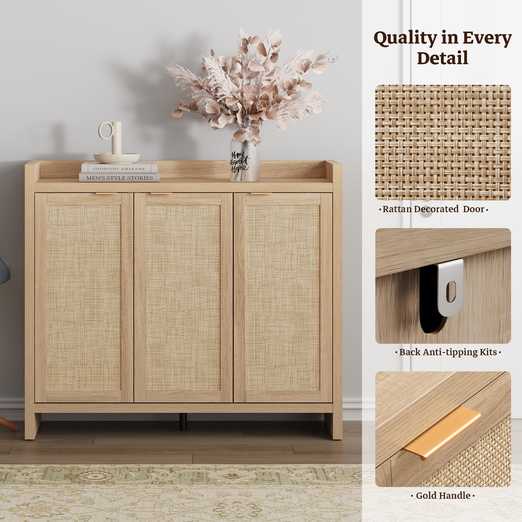 SICOTAS Rattan Shoe Cabinet with 3 Doors, 6-Tier Adjustable Shelf, 57.24" Shoe Storage Cabinet for Entryway Furniture, Light Oak 2
