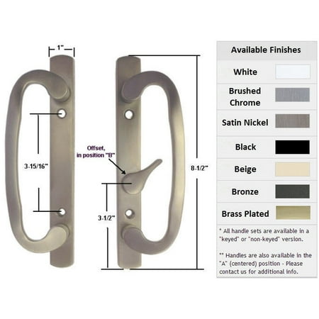 Sliding Glass Patio Door Handle Set, Mortise Type, B-Position, Latch Lever is Off-Centered, Keyed, Satin Nickel, 3-15/16