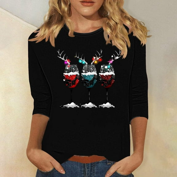 Simua Merry Christmas Shirt for Women Christmas 3/4 Sleeve Pullover Holiday Graphic Winter Blouse Tops