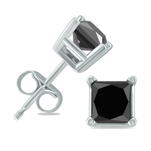 SZUL Women's 1 Carat TW Princess Square Black Diamond Solitaire Earrings in 10K White Gold