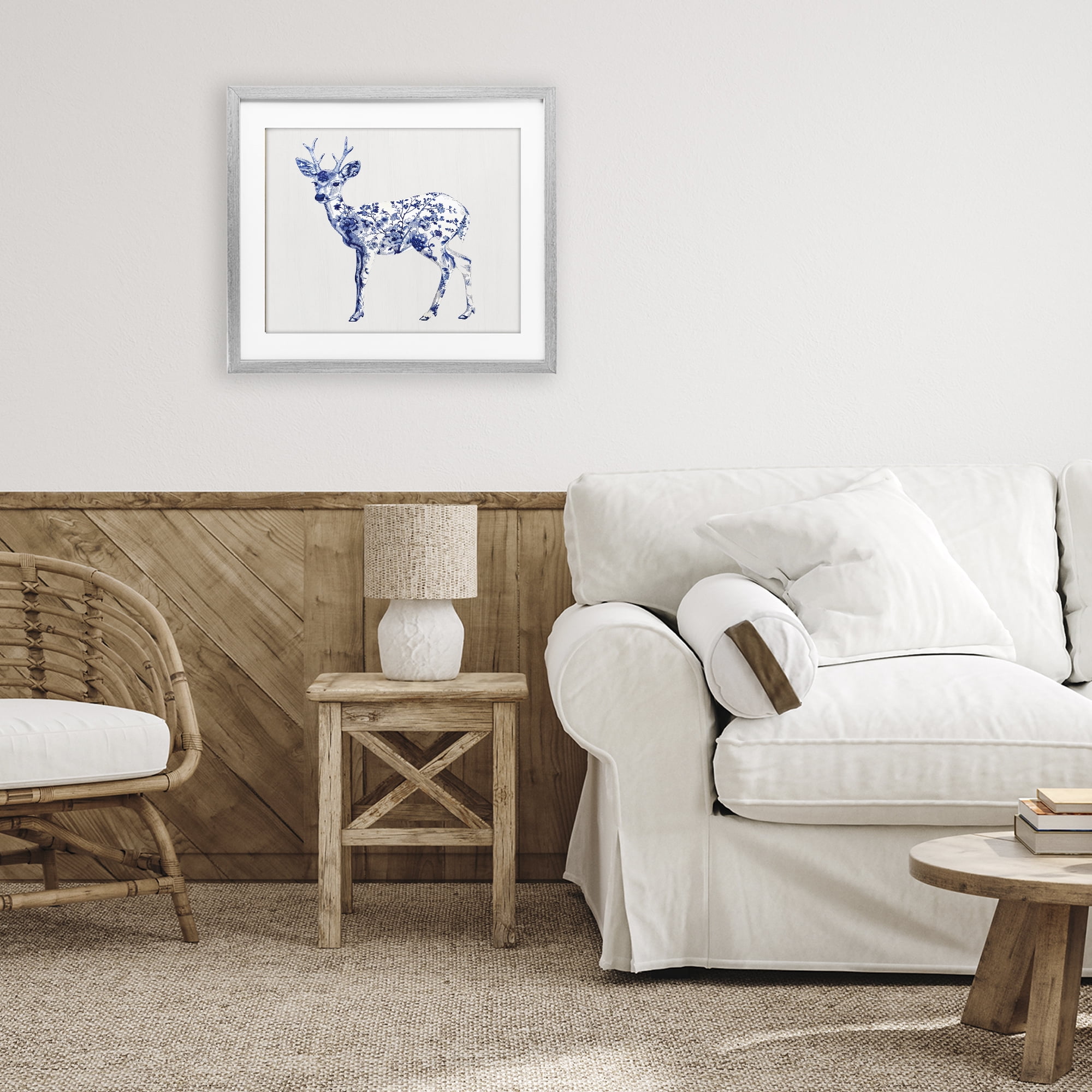 Graceful Toile Deer Gray Framed Print Under Glass, design by Lettered and Lined