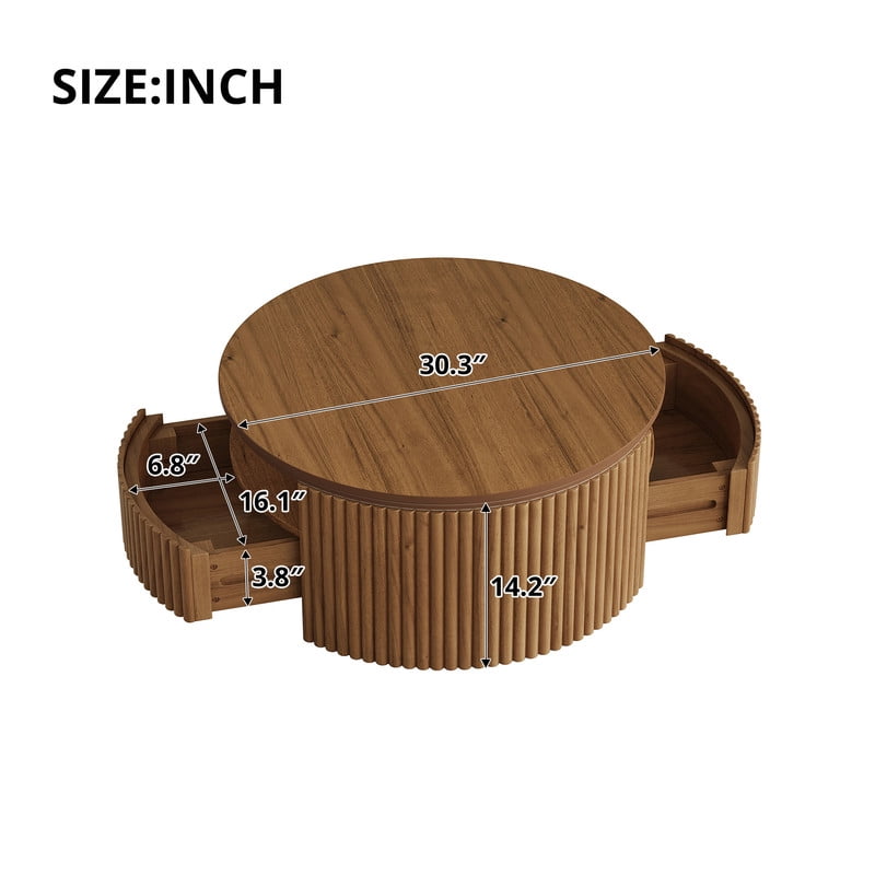 30.3'' Round Fluted Coffee Table with Dual Hidden Storage Drawers, 2-Tier Design Center Cocktail Table with Open Shelf