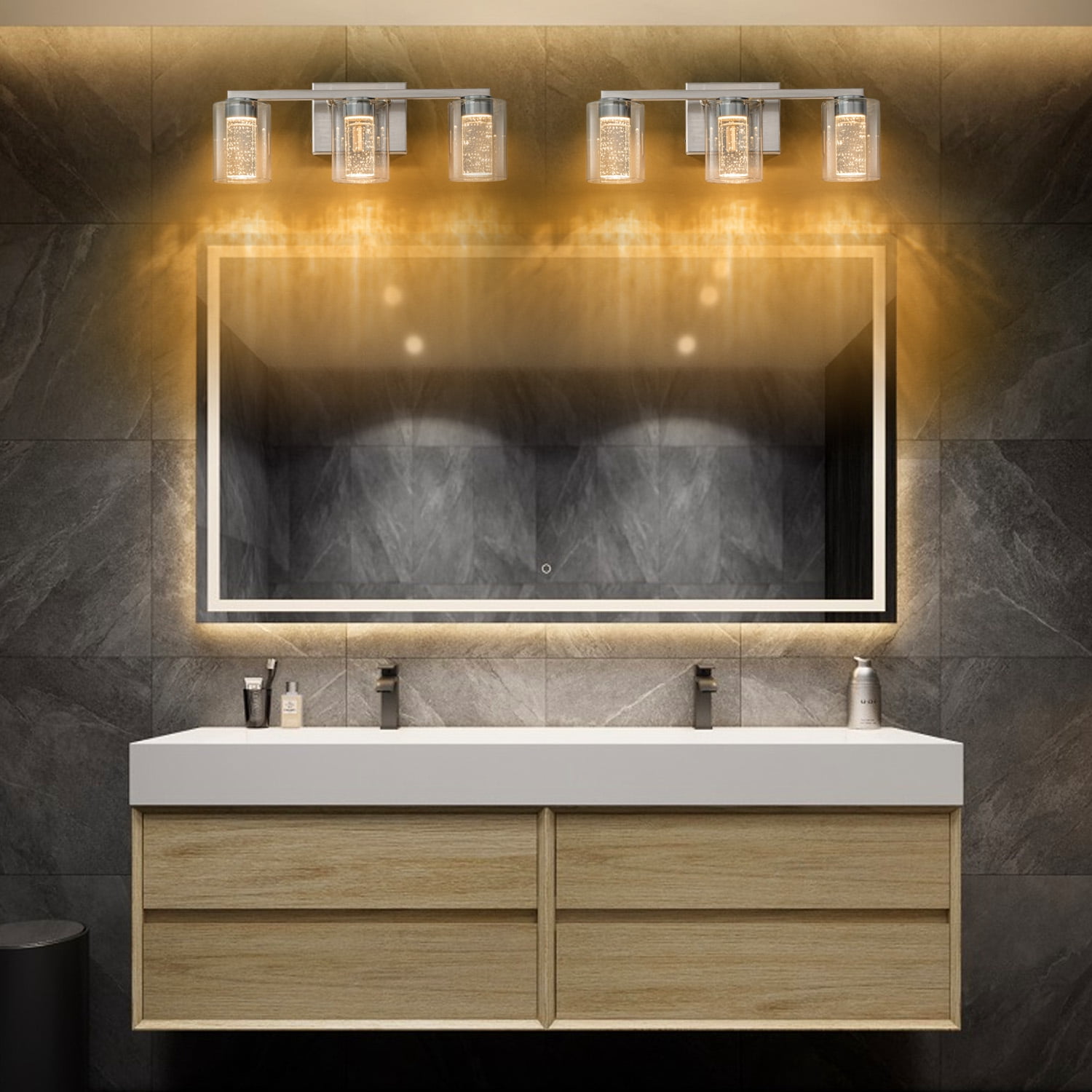 SineRise 3-Light LED Vanity Mirror Light, 17.3in Modern Bathroom Wall Lamp, 3-Color Modes, Dimmable Brushed Nickel Finish