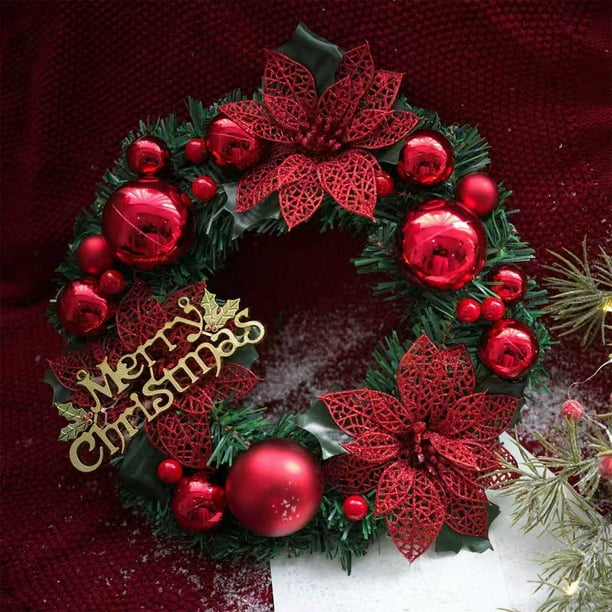 Corona de Navidad artificial de 12 pulgadas para colgar en la puerta | Hojas de Plata Dorada de Bayas Rojas | Tela de plástico duradera | Decoración navideña para el hogar con acento festivo |