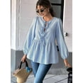 thumbnail image 4 of Womens Lace Up Tie Font Y2k Tops Puff Sleeve V Neck Blouse Loose Fit Summer Cute Clothes Blue L, 4 of 7