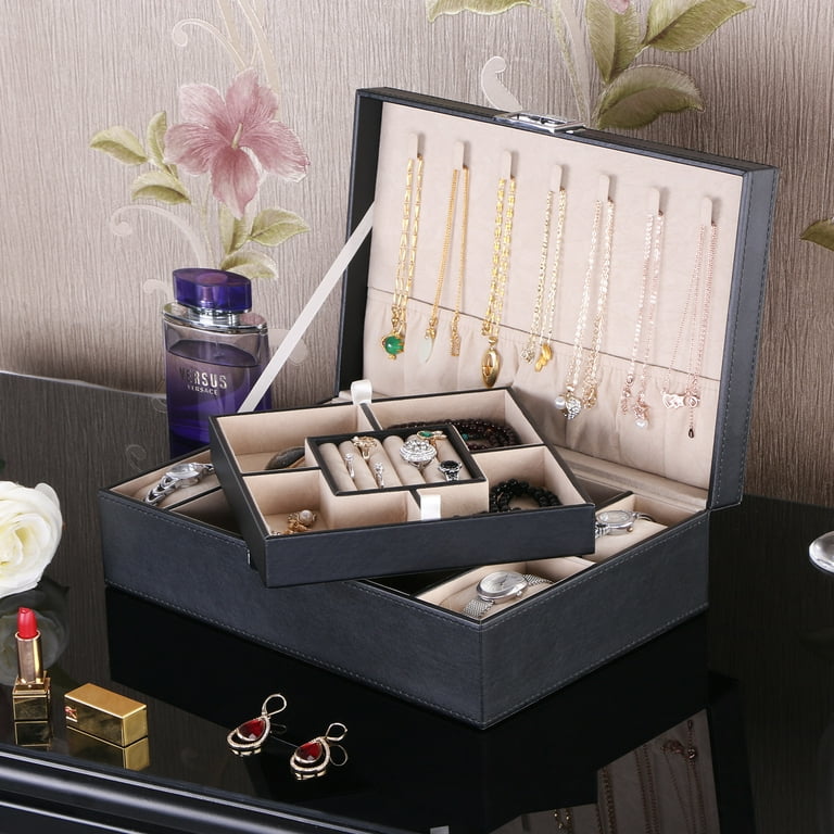 BEWISHOME Jewelry Box Organizer with 4 Watch Case Removable Tray Jewelry Display Storage