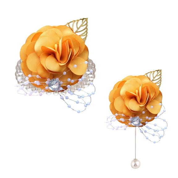 1 Pcs Rose Wrist Corsage and Boutonniere Set,Wedding Corsage Wristlet Bride Bridesmaids Groom Groomsmen Flowers Accessories Prom Party Suit Decorations for Ceremony Wedding Decor Dinner(Yellow)