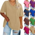 thumbnail image 4 of UsYezik Plus Size Tops for Women Dressy Short Sleeve Spring Summer Tunic Oversized Basic Solid Shirt V Neck Loose Casual Tops Blouse Blue 4XL, 4 of 4