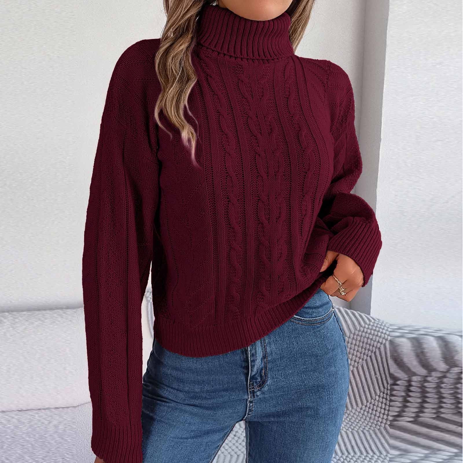 EQWLJWE Summer Saving Clearance Women s Fall and Winter Turtleneck High Neck Sweater Solid Knitted Thread Sweater Long Sleeve Sweater Pullover Top