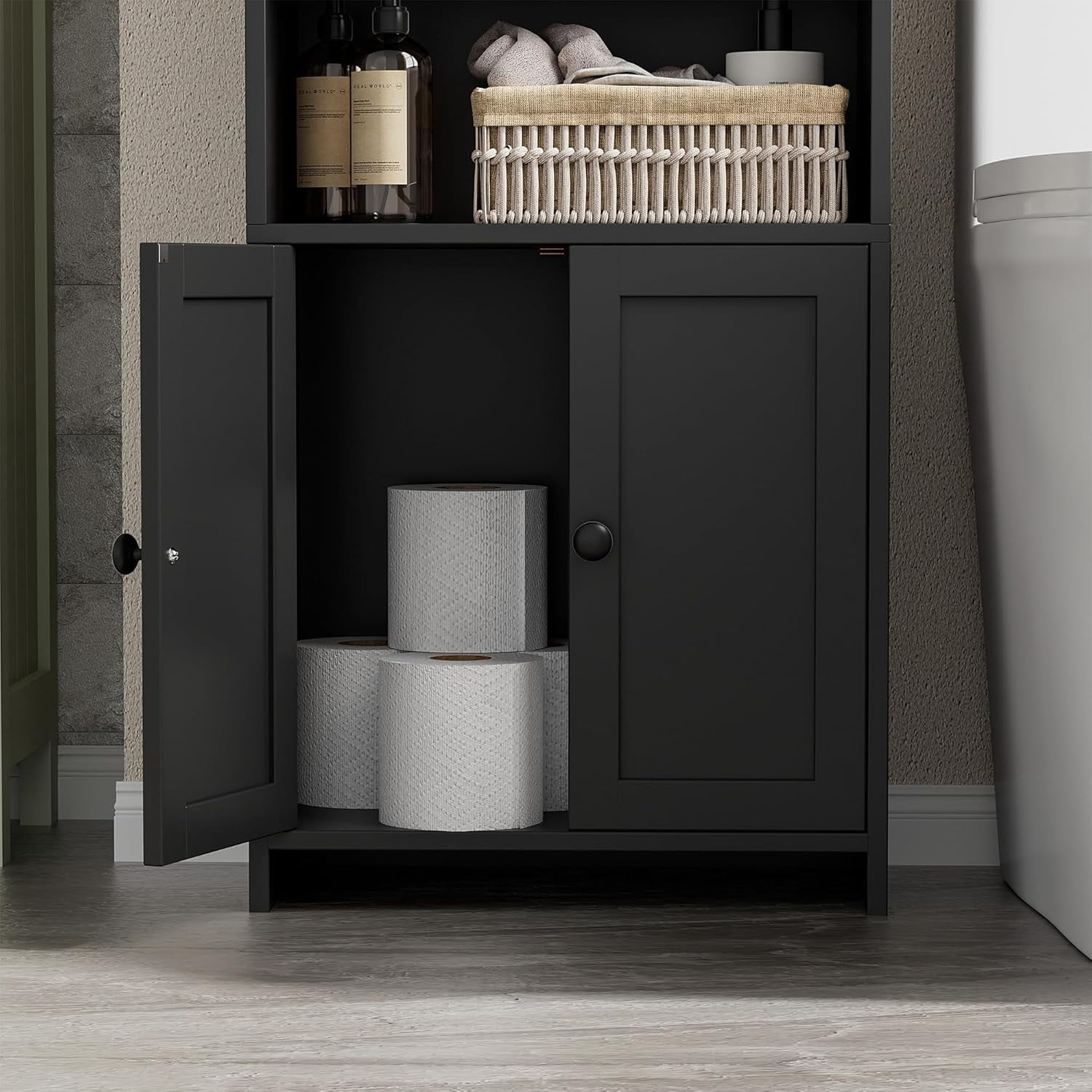 Small Bathroom Storage Cabinet, Freestanding Toilet Paper Storage with 2 Doors and Shelves, Bathroom Organizers and Storage for Small Spaces, Laundry Room, 7.9" D x 14.6" W x 31" H, Black