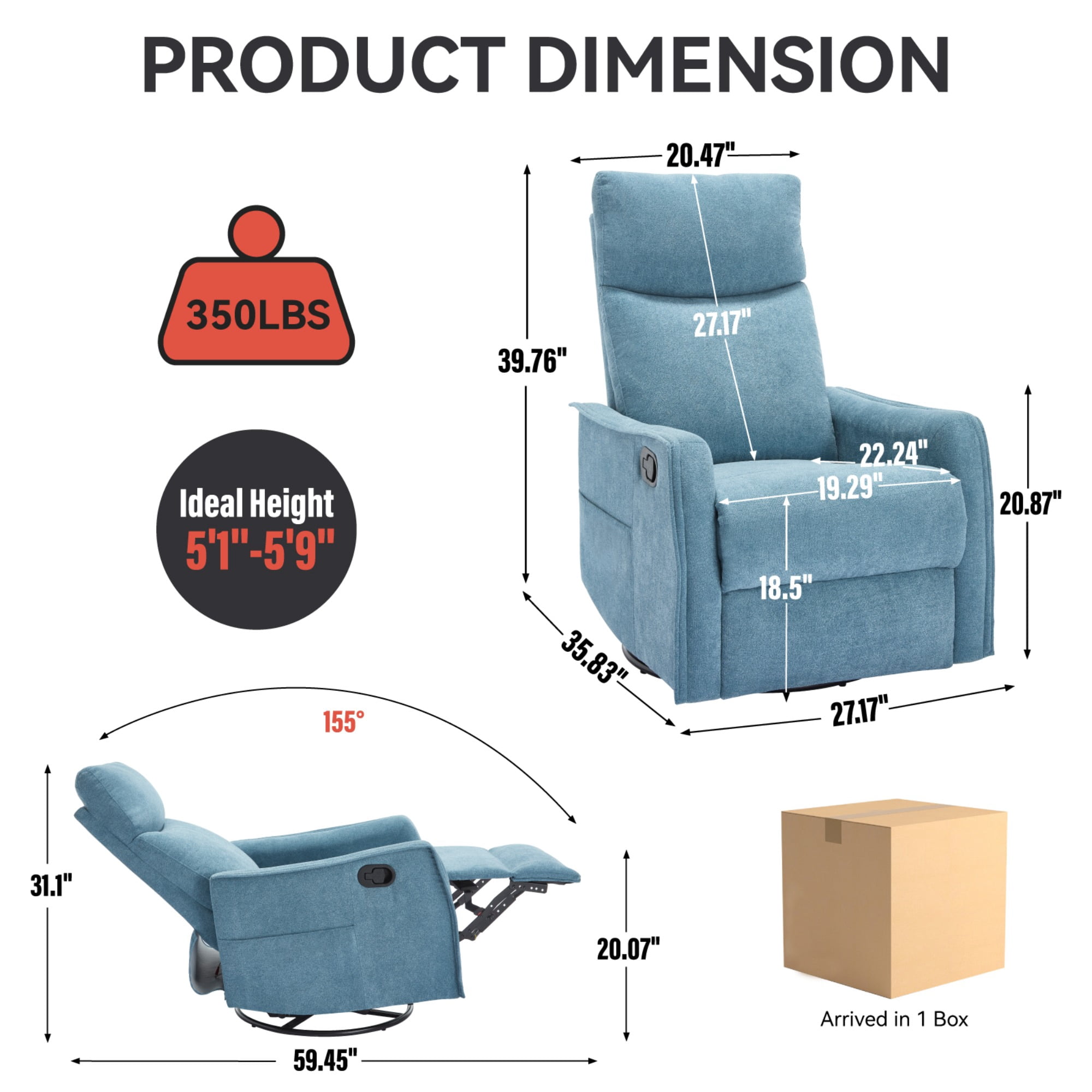 JXXRZ Heated Massage Swivel Rocker Recliner Chair w/ Manual Recline & Breathable Fabric, Blue