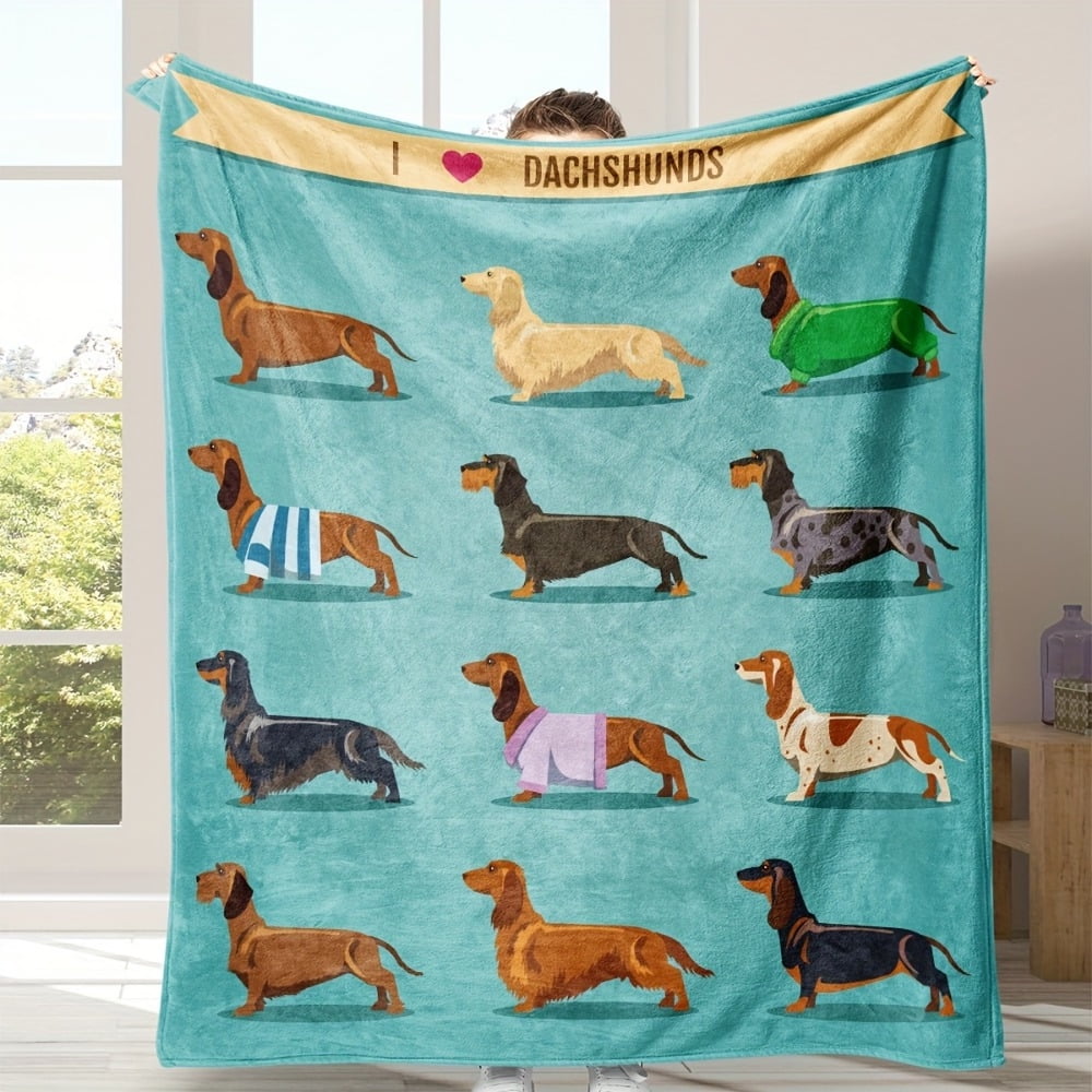 1Pc, Dachshund Blanket Weiner Dog Blanket, Soft Blue Grey Sausage Flannel Blanket Blue Cute Doxie Plush Blanket Dachshund Adult Female