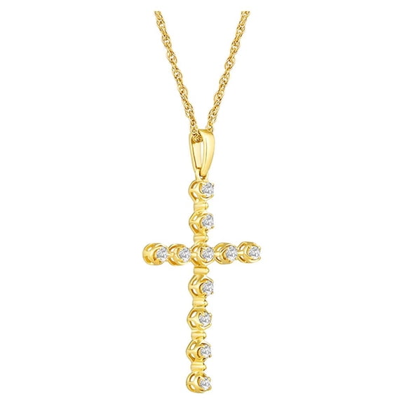 Araiya Fine Jewelry 10K Yellow Gold Round Diamond Cross Pendant with Gold Plated Silver Rope Chain Necklace (1/4 cttw, I-J Color, I2-I3 Clarity), 18"