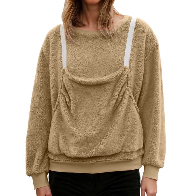 Glisme Chandail Molletonné pour Femmes, Pochette pour Chat, Manches Longues, Support pour Chaton Chiot, Grande Pochette avant, Chandail pour Animal de Compagnie, Haut Coupe Régulière, Tenue Quotidienne, Kaki