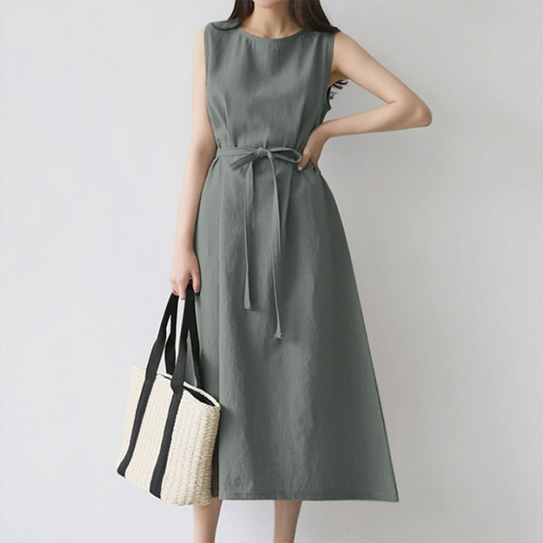 Womens Cotton Linen Tank Sundress Tunic Solid Color Sleeveless Maxi Dress Crewneck Bow Tie Front Keyhole Back Dresses