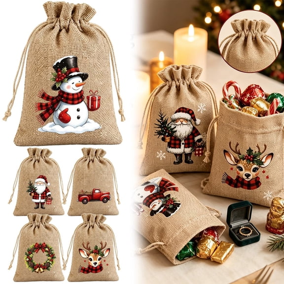 5Pcs Christmas Linen Bags with Drawstrings Christmas Burlap Goody Gift Bags with Double Jute Drawstrings, Reusable Gifts Wrapping Bag Xmas Holiday Party Favors