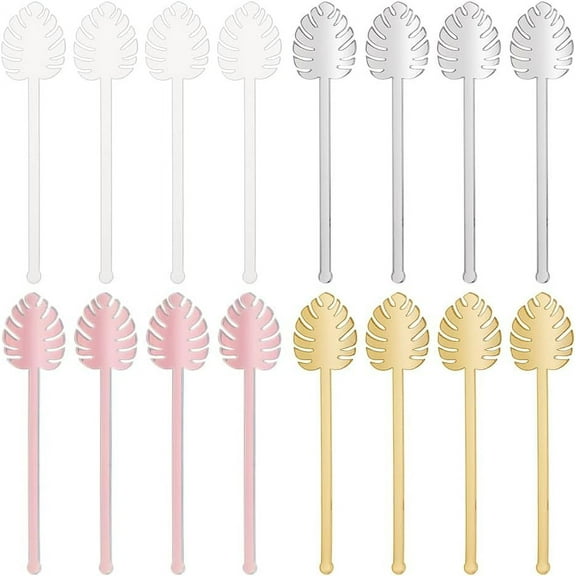 16 Pcs 6 Inche Acrylic Cocktail Swizzle Stick Mirrors 4 Colors Monstera Leaf Cocktail Swizzle Stir Sticks Bar Drinks Mixing Rod Cocktail Garnish Sticks for Wedding Birthday Holiday