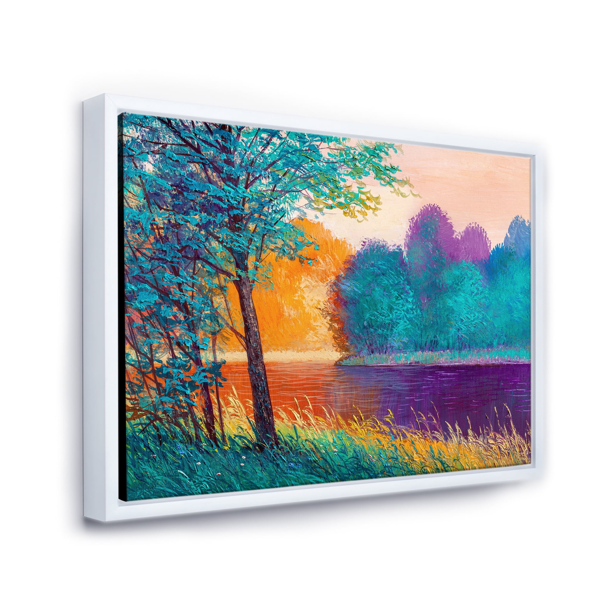 Designart 'Colorful Trees During Twilight Along River' Traditional Framed Canvas Wall Art Print