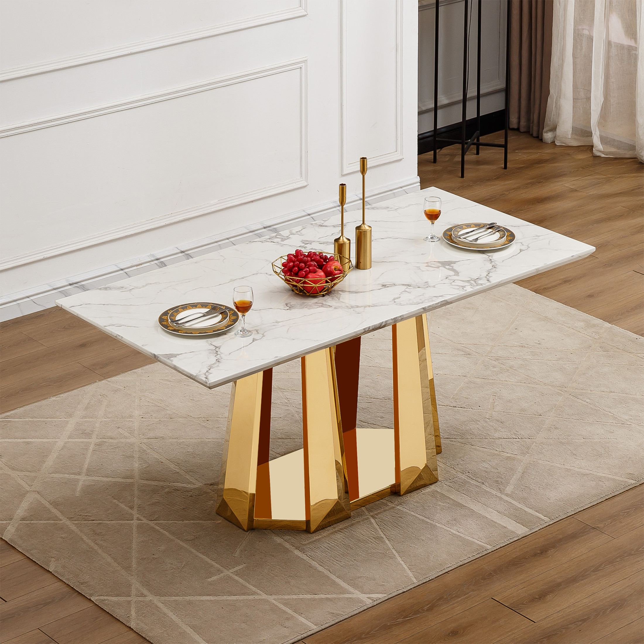 Noble House Modern 70" Rectangle Faux Marble Dining Table with Stainless Steel Base, for Kitchen, Gloss White & Gold