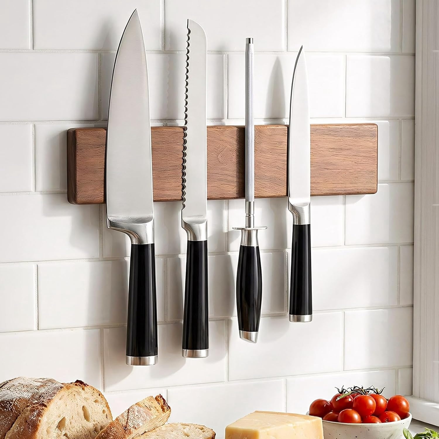 Magnetic Knife Strips, Magnetic Knife Holder for Wall 16 Inch, Acacia Wood Knife Magnetic Strip Use as Knife Bar, Knife Holder for Kitchen Utensil Organizer, Without hooks