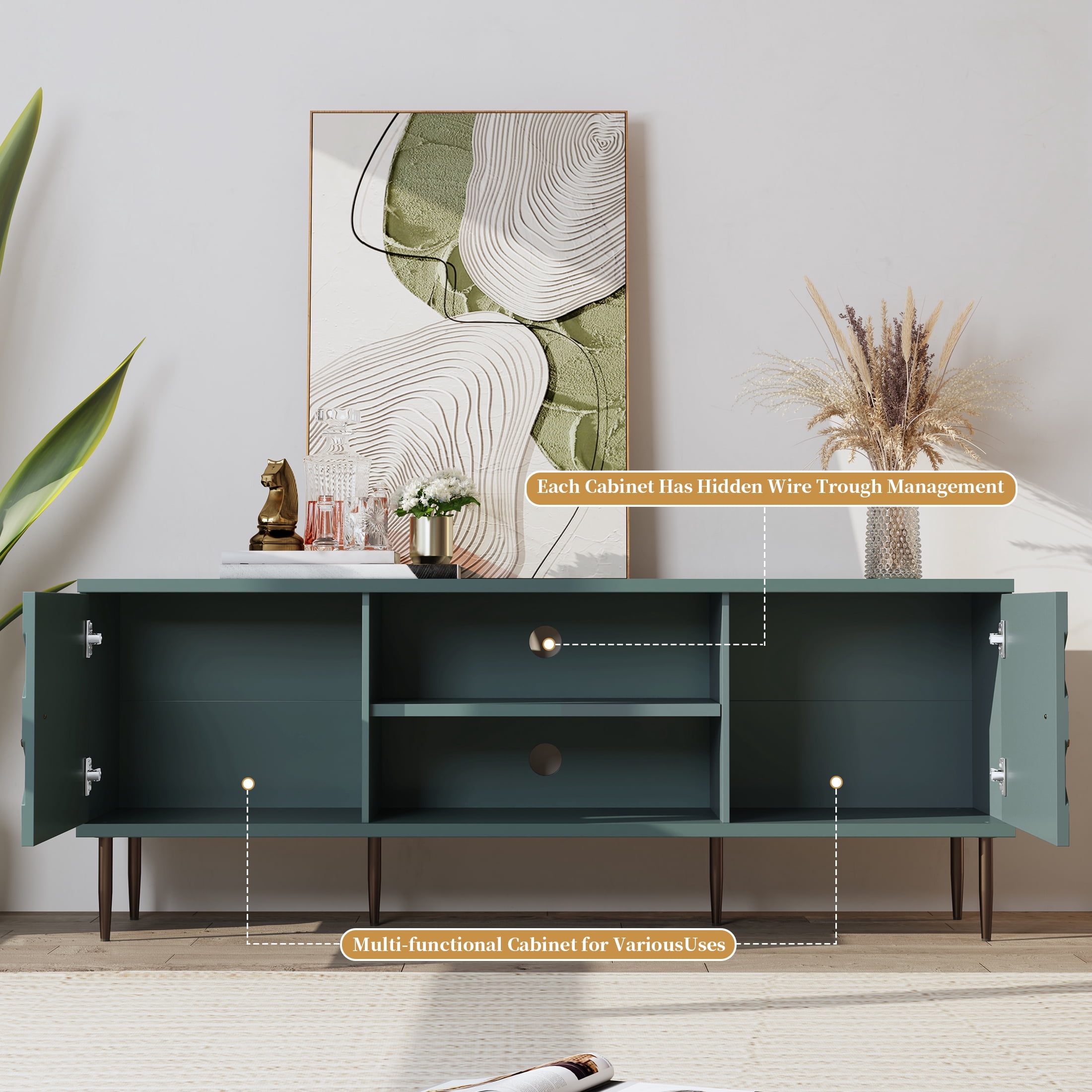 HLR Modern TV Stand for 70-in TV, Embossed Entertainment Center with Storage for Living Room, Green