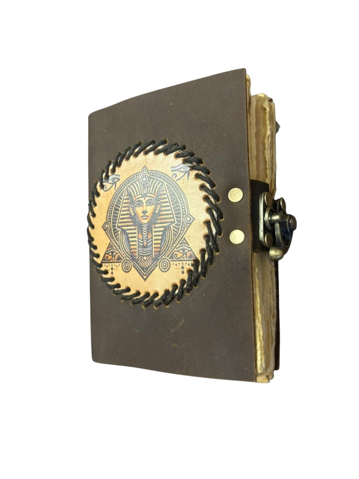 Handmade Leather Journal 6x4 Inch with Lock – Vintage Pharaoh Design Diary, Deckle Edge Handmade Paper Notebook, Travel Writing Journal