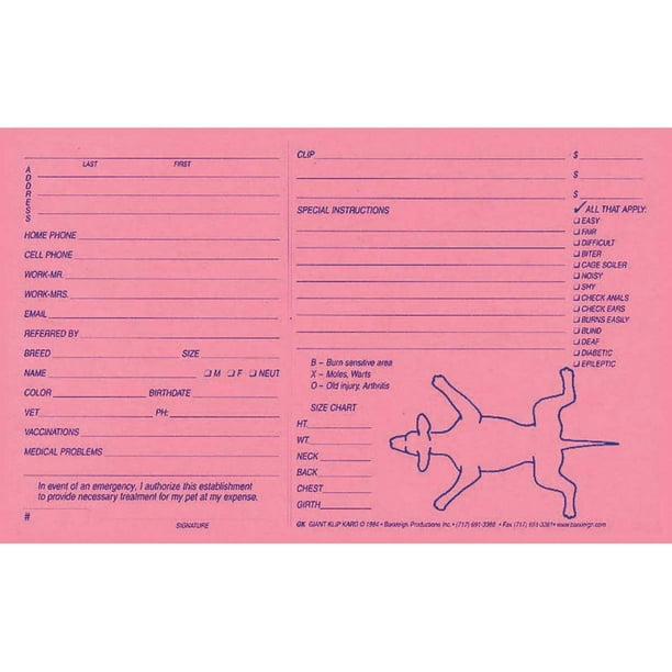 Pink Klip Kards Dog Grooming Kennel Card Diagram Info Checklist 5 x 8