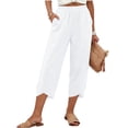 thumbnail image 2 of Linen Capri Pants for Women Elastic High Waist Tulip Hem Capris Loose Wide Leg Beach Cropped Trousers with Pockets White 3XL, 2 of 9