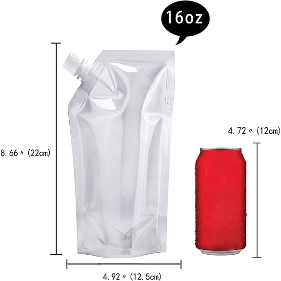 20 Pack 16oz Reusable Drink Pouches with Funnel, Transparent Plastic Beverage Bags with Secure Screw Caps, Portable Drink Flasks for Juice, Cocktails, Smoothies, Parties, Travel